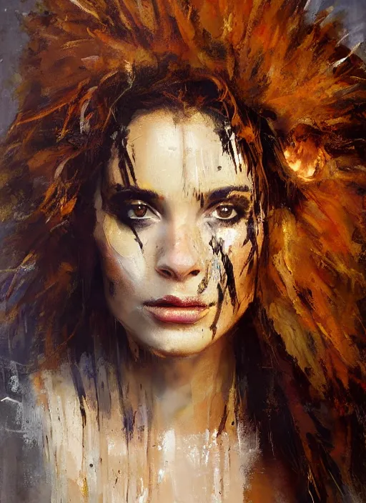 Image similar to painting of a beautiful woman with the face of a lion, loosely robed in animal skins, with a strong pose, by Jeremy Mann, stylized, detailed, loose brush strokes, warm tones, vivid colors, realistic