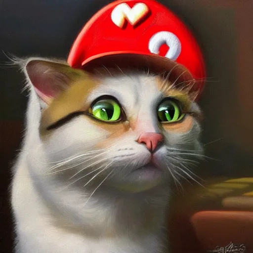 Image similar to A beautiful oil painting of a Cat wearing a Super Mario Hat, nintendo, box art, intricate, volumetric lighting, summer, hyperrealistic, colorful, hyperdetailed.