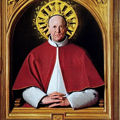 Image similar to portrait of the pope sitting in throne, highly detailed, by velazquez + van eyck