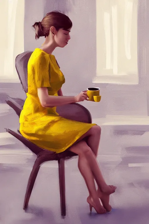 Image similar to a beautiful young woman sitting alone on a chair, she is wearing a yellow dress and holding a cup of tea in both hands, her hair is tied back and she is staring straight into the camera, digital art, oil on canvas, sharp focus, soft lightning, trending on artstation