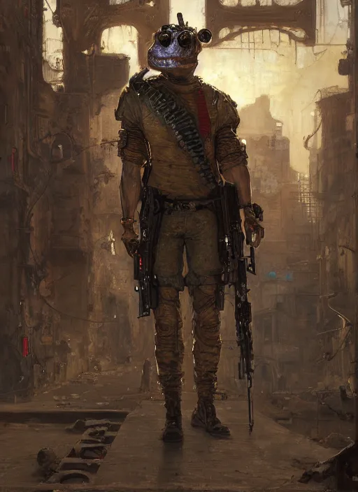 Image similar to buff Mr toad. cool cyberpunk toad soldier wearing a military vest and military gear (cyberpunk 2077). awesome toad. Iranian orientalist portrait by john william waterhouse and Edwin Longsden Long and Theodore Ralli and Nasreddine Dinet, oil on canvas. Cinematic, hyper realism, realistic proportions, dramatic lighting, high detail 4k