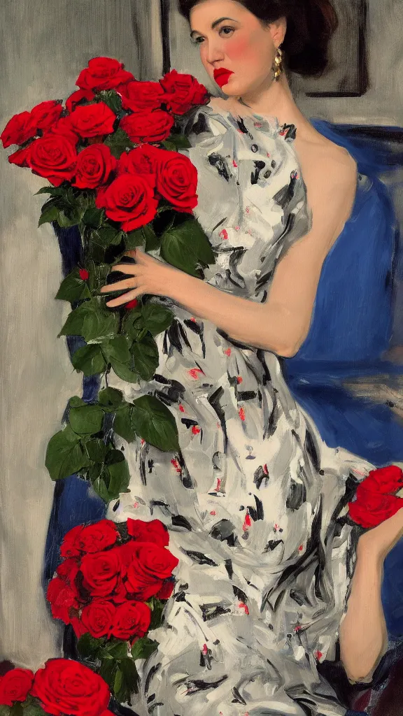 Image similar to portrait of rebekah delrio in david lynch pattern dress beside of a big persian detailed pot of red roses, blue and red lights painted by john singer sargent