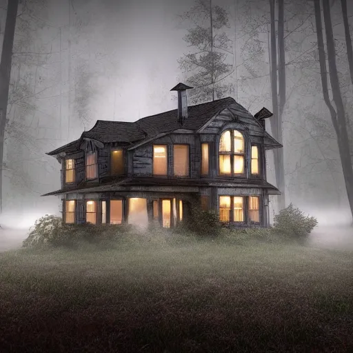 Image similar to scary fear horror highly detailed fog house foster render unreal