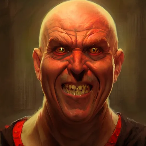 Image similar to portrait of a red bald man with black eyes and a black smile, horror, glowing eyes, by Stanley Artgerm Lau , greg rutkowski, thomas kindkade, alphonse mucha, loish, norman rockwell. Trending on artstation detailed illustration hd 4k