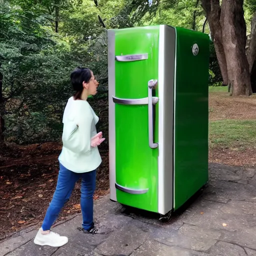Image similar to green refrigerator on a leash in central park
