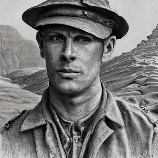 Image similar to a detailed photorealistic sepia - toned color portrait painting of a 1 9 1 7 worried clean - shaven british lieutenant in field gear wearing a pith helmet in wadi rum examining an ancient cylindrical clay jar, ultra realistic, intricate details, atmospheric, dark, horror, brooding, highly detailed, by clyde caldwell