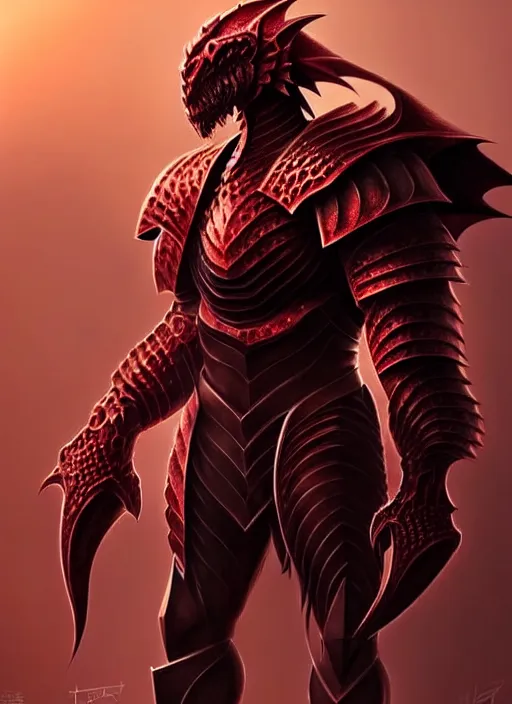 Image similar to heavy armor!!! muscular and tall crimson dnd male dragonborn!! draconian!! character concept art, sharp focus, octane render! unreal engine 5! highly rendered!! trending on artstation!! detailed linework!! illustration by artgerm, wlop, and chie yoshii