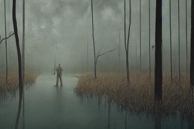 Image similar to scene true detective, from louisiana swamps, neon cross, voodoo, 8 k, hyper detailed, artwork by tim eitel