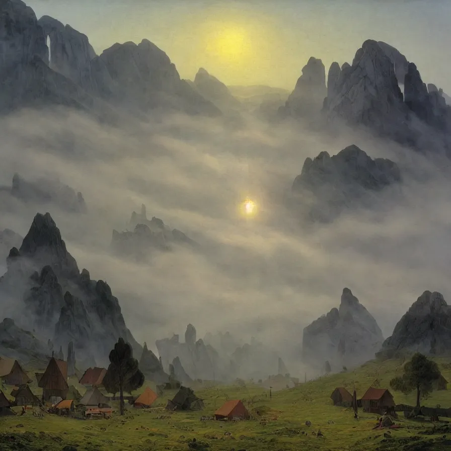 Image similar to village above the clouds, sharp pointy mountains, wooden platforms, tents, colors, misty clouds, sun at dawn, brutalism, painting by caspar david friedrich