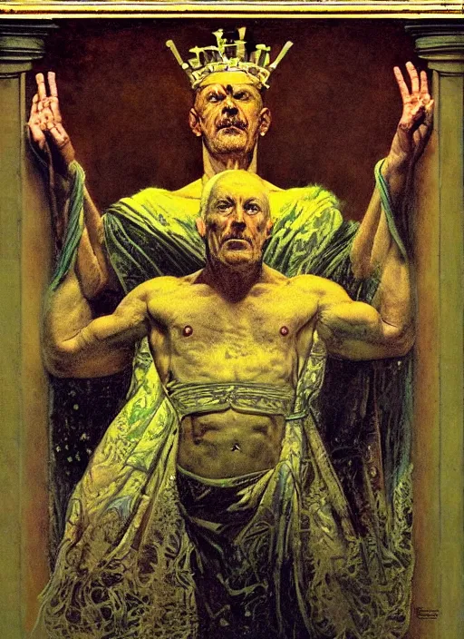 Image similar to upper body and head portrait of dennis hopper dorian yates hybrid as god wearing robes and a crown, by lawrence alma tadema and zdzislaw beksinski and norman rockwell and jack kirby and tom lovell and greg staples