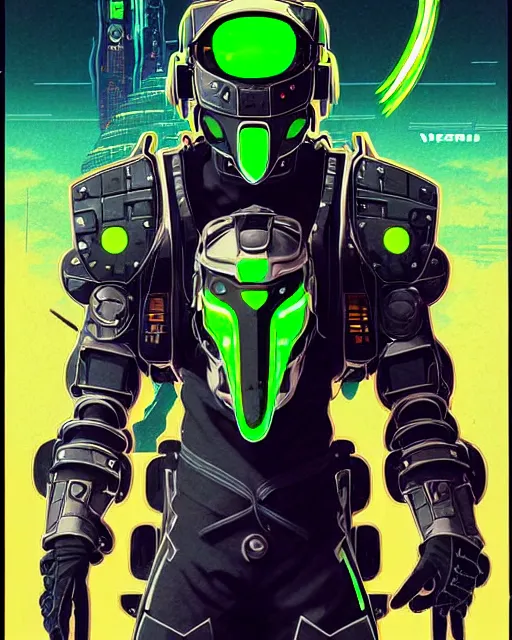 Image similar to genji the cyber ninja from overwatch, character portrait, portrait, close up, concept art, intricate details, highly detailed, vintage sci - fi poster, retro future, vintage sci - fi art, in the style of chris foss, rodger dean, moebius, michael whelan, and gustave dore