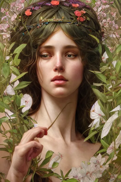 Prompt: goddess of nature, accurate anatomy, only two hands, highly detailed, digital painting, artstation, concept art, smooth, sharp focus, illustration, Unreal Engine 5, 8K, art by artgerm and greg rutkowski and edgar maxence and alphonse Mucha