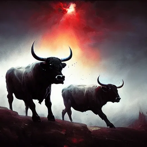 Prompt: ghostly demonic bulls charging across the night sky while a cowboy is watching from below epic concept art, epic painting, artstation, realistic, by greg rutkowski