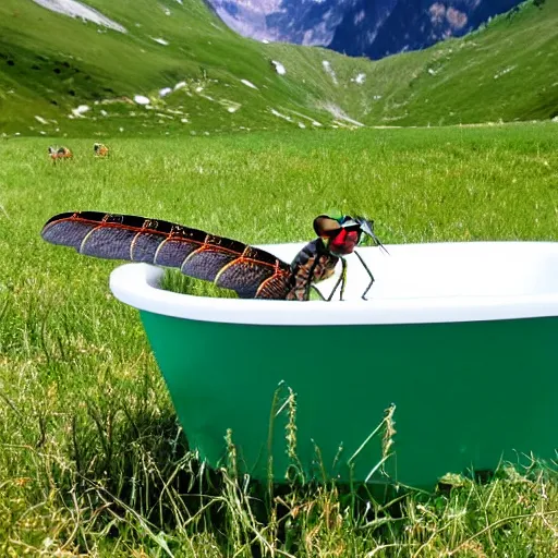 Prompt: dragonfly in a bathtub in the alps, sheep!!! in background