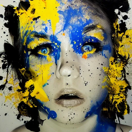 Prompt: matte portrait of a young woman with glowing blue eyes, yellow mouth, covered in black splattered ink, by antony micallef - n 7