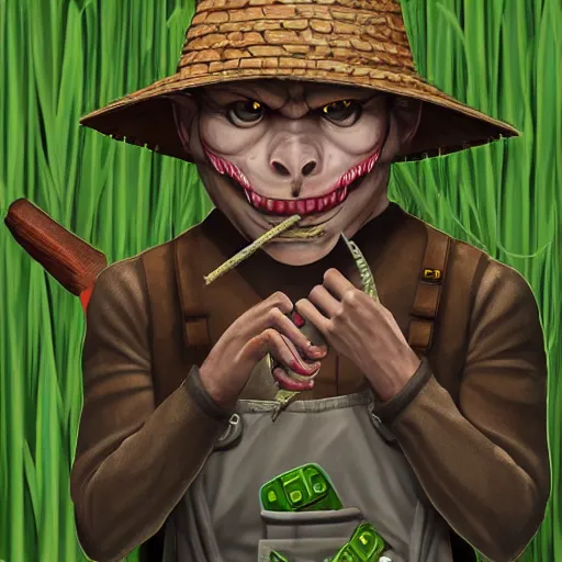 Prompt: Lizard Man wearing overalls, a straw hat and chewing on a long piece of grass, with dangerous look in his face, and sickle in his hand, D&D Character Head Portrait, Digital Art, Detailed, Trending on Artstation