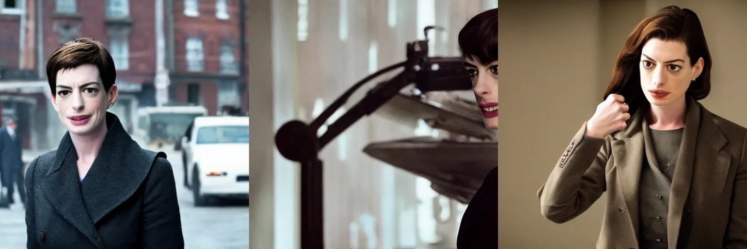Prompt: close-up of Anne Hathaway as a detective in a movie directed by Christopher Nolan, movie still frame, promotional image, imax 70 mm footage