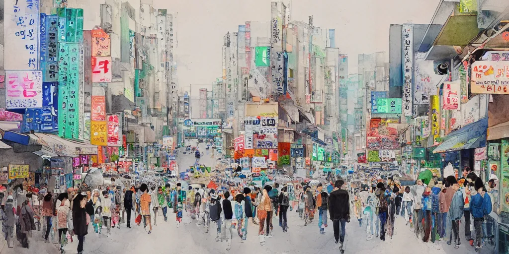 Prompt: streets of hongdae, hangeul, photorealism, spring, wide shot, watercolor painting by Lim Eung-Sik