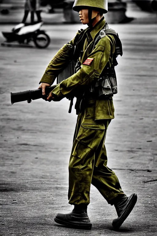 Image similar to vietnam soldier with skateboard, photography, pulitzer style, hyperrealistic, vogue magazine photo style, dynamic composition, intricate, proportional perfect, dynamic comfortable posse, smooth, sharp focus, captured by nikon d 8 5 0, 4 k, full body. by daniel berehulak