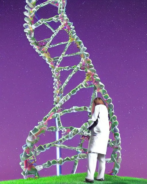 Image similar to in a field, two scientists in lab coats encounter a monster shaped like the DNA double helix, digital art