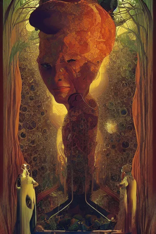 Image similar to poster artwork by Michael Whelan and Tomer Hanuka, Karol Bak of collective neurological consciousness as imagined by Carl Jung, from scene from Carnivale, clean, simple illustration, nostalgic, domestic, full of details