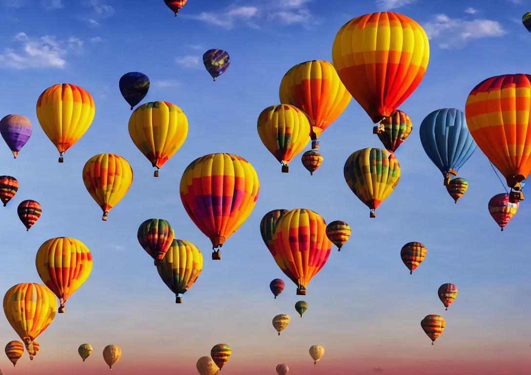 Prompt: beautiful hyper realistic photo of sky with colorful hot air balloons, 28mm wide angle photo, photo realistic image, 4K, super detailed, golden hour look