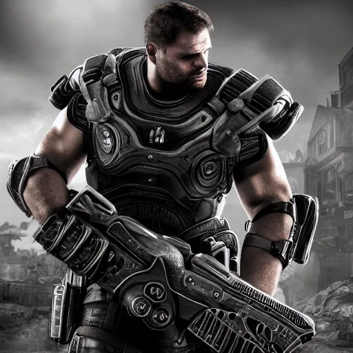 Image similar to GigaChad in Gears of War, highly detailed, high quality, HD, 4k, 8k, Canon 300mm, professional photographer, 40mp, lifelike, top-rated, award winning, realistic, sharp, no blur, edited, corrected, trending