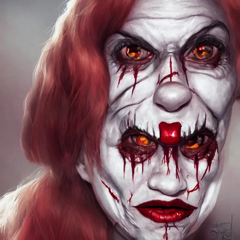 Image similar to hyperrealistic Charlene Gallego as a killer clown from outer space, trending on artstation, portrait, sharp focus, illustration, art by artgerm and greg rutkowski and magali villeneuve