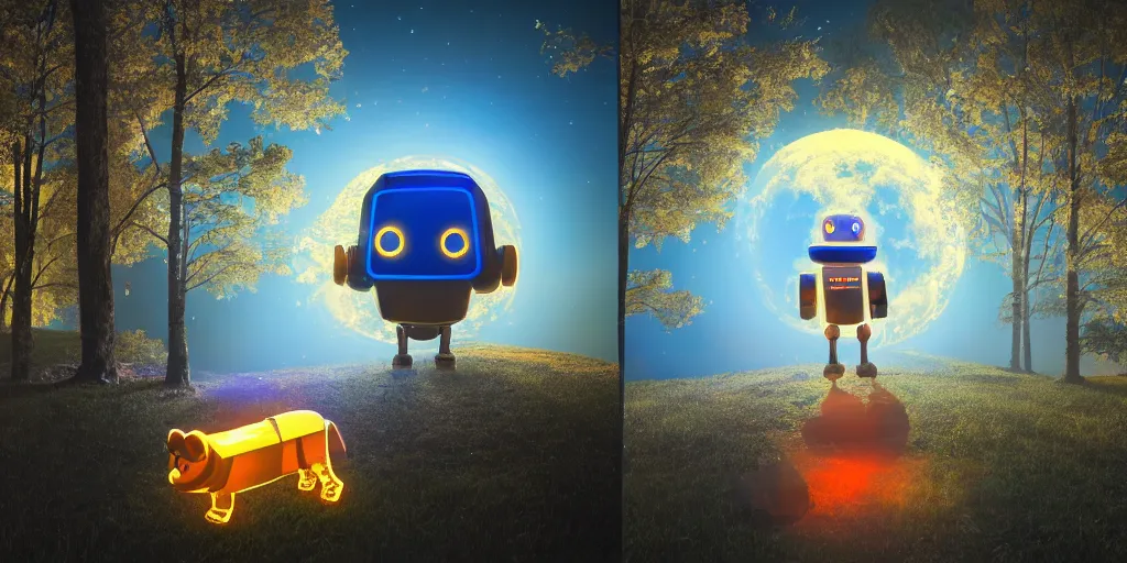 Image similar to a glowing robot and a glowing robot dog float in the middle of the frame, which is diagonally divided into two halves : a warm world tree on the left and a blue reflection on the right