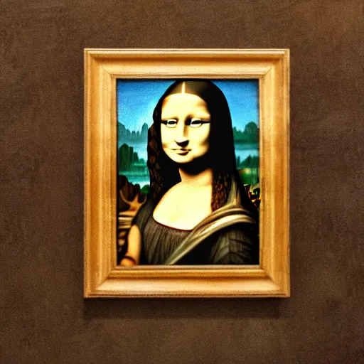 Prompt: high definition picture of a painting of a minecraft dirt block on a wall, with only the body of the mona lisa