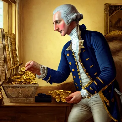 Image similar to a closeup photorealistic photograph of a happy George Washington inspecting small gold Doubloon coins at his home on Cherry Street. This 4K HD image is Trending on Artstation, featured on Behance, well-rendered, extra crisp, features intricate detail and the style of Unreal Engine.