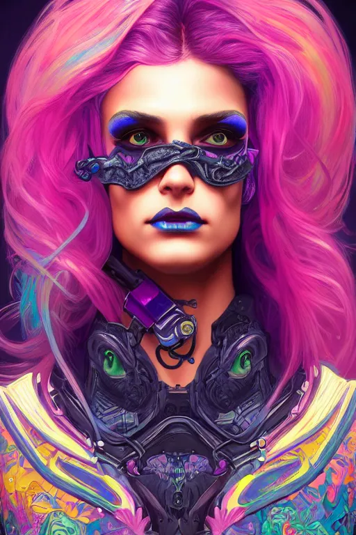 Image similar to a portrait of the lisa frank cyberpunk tank driving mermaid with rhinoplasty, gothic, highly detailed, digital painting, crown of skulls, artstation, smooth, sharp focus, illustration, art by artgerm and greg rutkowski and alphonse mucha and william - adolphe bouguereau