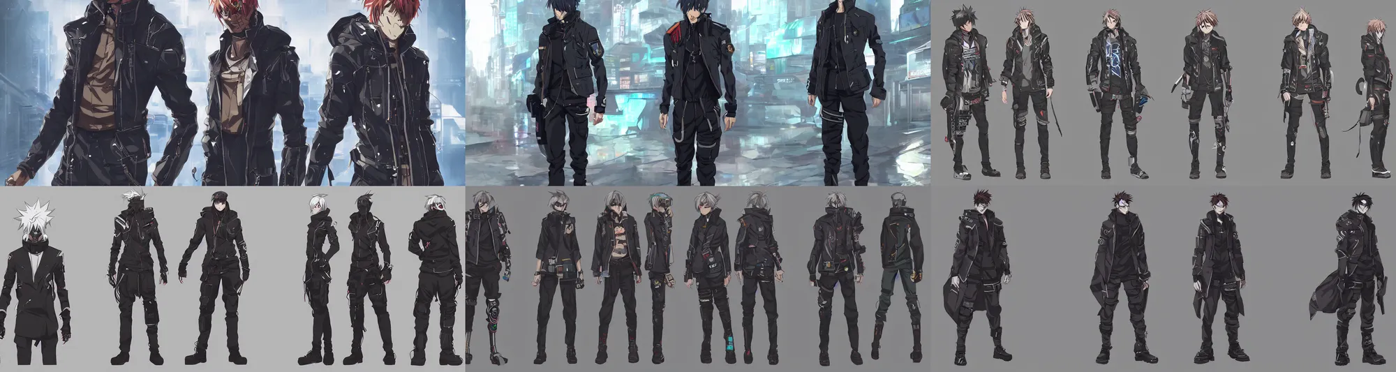 Prompt: a male anime cyberpunk hero protagonist wearing a heavy jacket, character concept exploration, outfit designs, trending on artstation