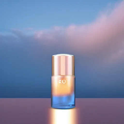 Image similar to airy bright perfume bottle floating on a cloud in the sky, covered in whispy clouds, with dreamy light blue sky and clouds in the background, softly - lit, soft - warm, zen, light, modern minimalist f 2 0 clean