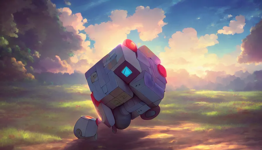 Image similar to beautiful painting of companion cube, anime, studio ghibli, makoto shinkai, rhads, radiant light, detailed, 4 k