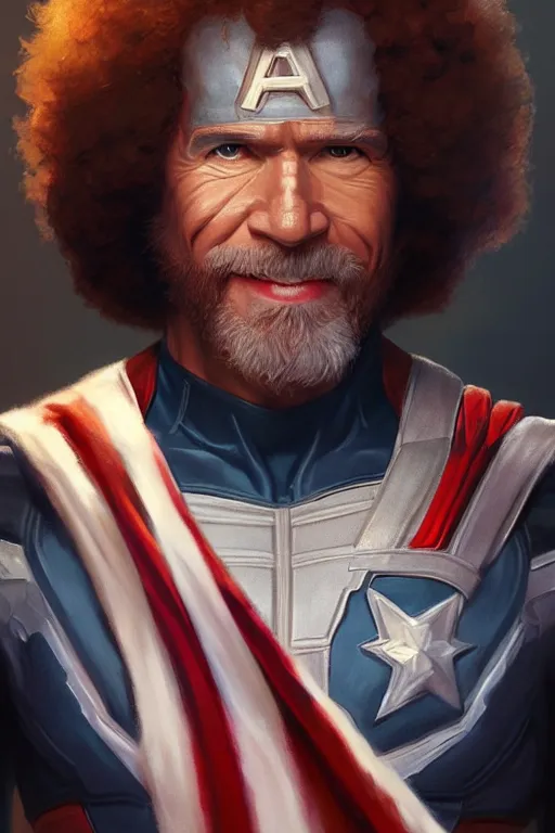 Image similar to bob ross as captain america, portrait, highly detailed, digital painting, artstation, concept art, smooth, sharp focus, illustration, cinematic lighting, art by artgerm and greg rutkowski and alphonse mucha