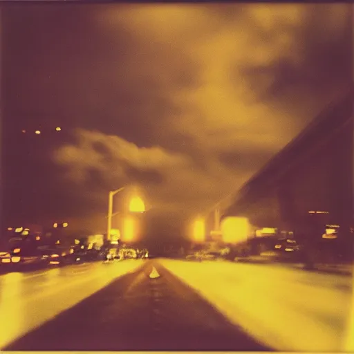 Prompt: instant photograph the night, polaroid, raw, beautiful, nostalgic, light leak, clouds, city