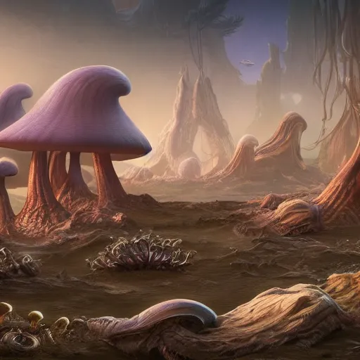 Prompt: eldritch shore scientists take their first steps on a strange alien planet full of mushrooms and other complex fungi, 8 k resolution matte painting trending on artstation an