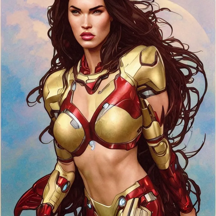 Image similar to megan fox as female ironman by artgerm, greg rutkowski, alphonse mucha