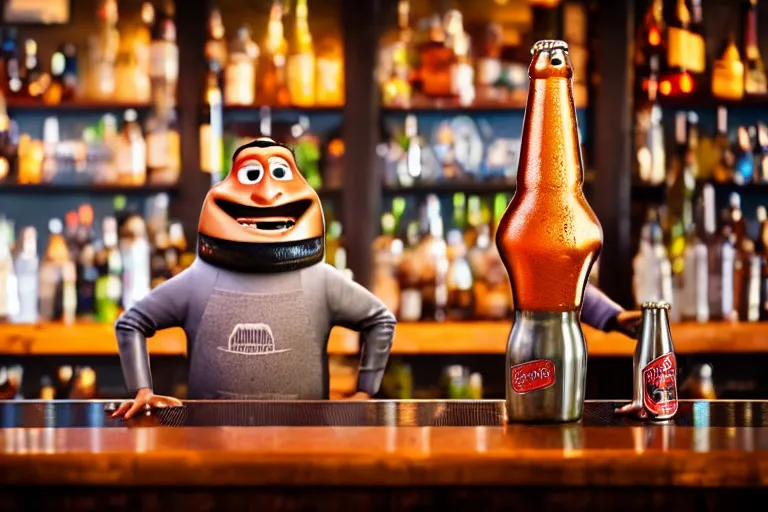 Image similar to a anthropomorphic bottle of beer stands in front of a bar waiting to be served by the bartender, pixar