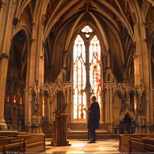 Image similar to angel protecting man who is praying inside a gothic church by Stanley Artgerm Lau, WLOP, Rossdraws, James Jean, Andrei Riabovitchev, Marc Simonetti, Yoshitaka Amano, ArtStation, CGSociety