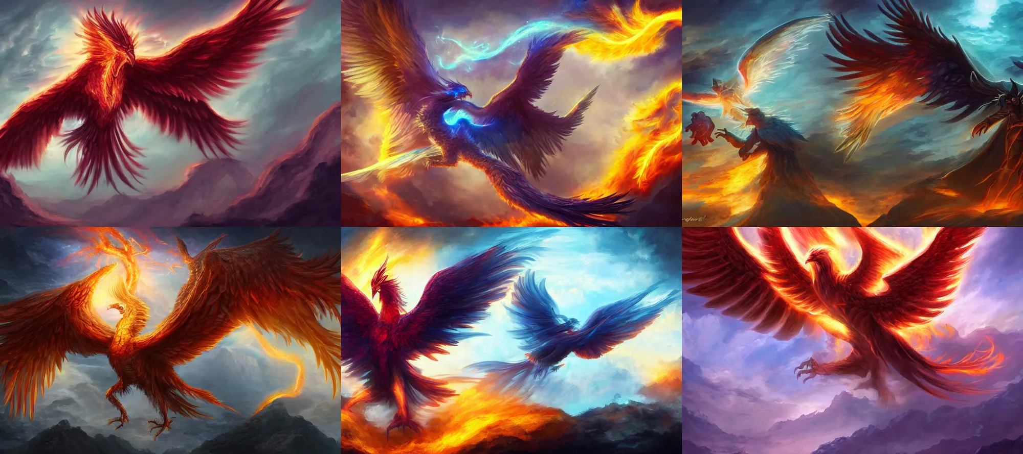 Prompt: epic magic, a phoenix in the air, mystical energy in the air, d & d fantasy digital painting, hd, 4 k, 8 k