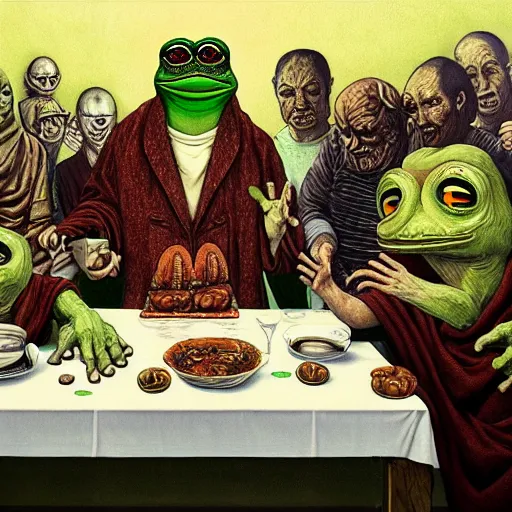 Prompt: pepe the frog eating at last supper with disciples, bitcoin and crypto graphs and charts in walls, cinematic horror by chris cunningham, junji ito, aleksandra waliszewska, richard corben, norman rockwell, highly detailed, vivid color, beksinski painting, part by adrian ghenie and gerhard richter. art by takato yamamoto. masterpiece