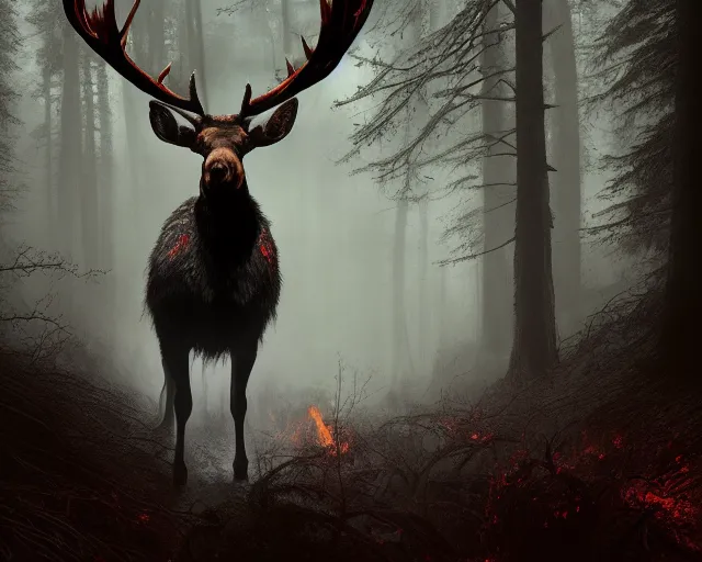 Prompt: 5 5 mm portrait photo of a demonic heavily burning moose with red eyes and antlers and looking at the camera, in a magical forest. dark atmosphere. art by greg rutkowski and luis royo. highly detailed 8 k. intricate. lifelike. soft light. nikon d 8 5 0.