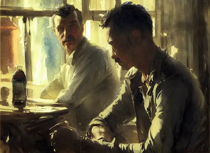 Image similar to oil watercolor painting of dirty man in western bar, shaven stubble, short hair, mysterious light, art by anders zorn, wonderful masterpiece by greg rutkowski, beautiful cinematic light, american romanticism by greg manchess, creation by tyler edlin