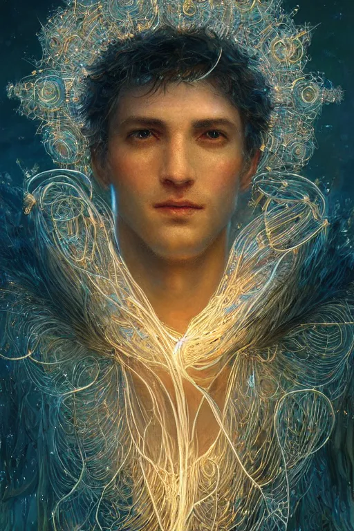 Image similar to portrait of an angelic male with intricate body armor made of bioluminescence wires by gaston bussiere, joe fenton and anato finnstark, arstation and beeple highly, feathers, shimmer detailed, cinematic lighting, octane render, unreal engine lumen, very coherent. cinematic, hyperrealism, high detail, octane render, 8 k