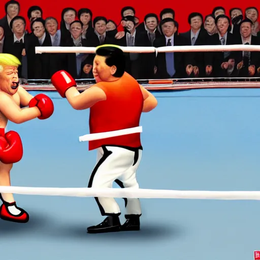 Prompt: Trump and Xi Jinping slapping each other like woman in a boxing ring, highly detailed, hyperrealistic, photograph, 4k