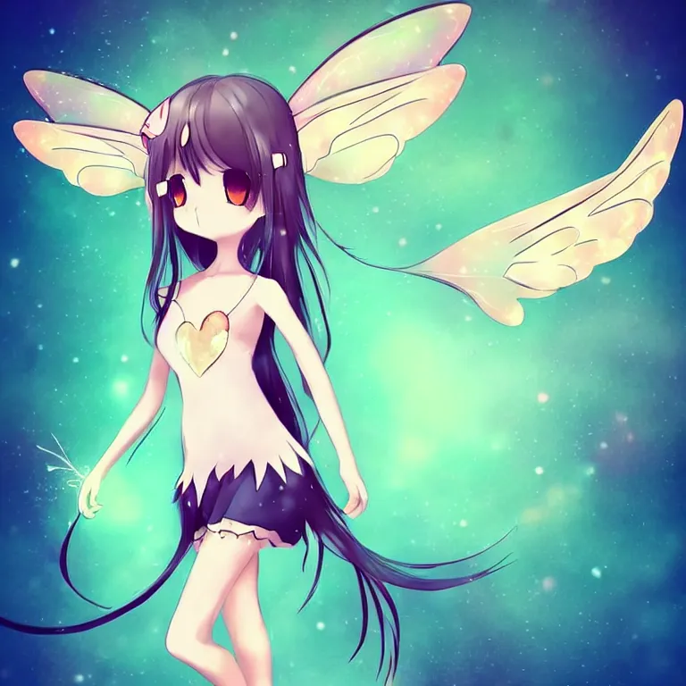 Image similar to cute, full body, female, anime style, a cat girl with fairy wings, large eyes, beautiful lighting, sharp focus, simple background, creative, heart effects, filters applied, illustration