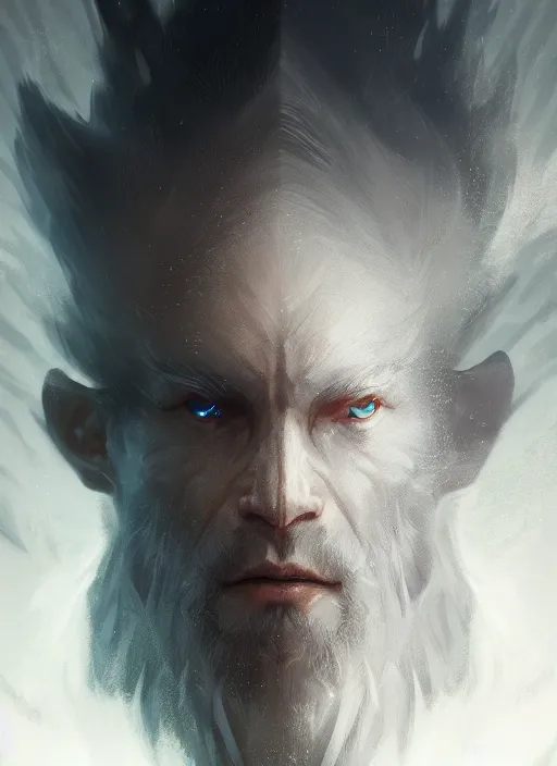 Prompt: long-shot portrait of a pale wise man who created the universe, wolf god. In style of Hyung-tae Kim and Greg Rutkowski, concept art, trending on ArtStation, over-detailed art, 8K, epic, dynamic lightning, dramatic pose.