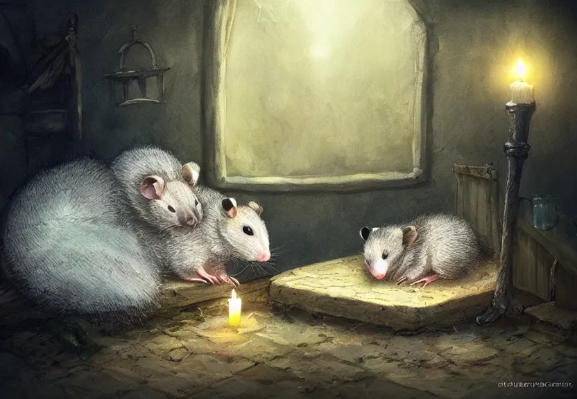 Prompt: cute possum sleeping inside a bed in a medieval cluttered cottage at night under the dim light of a candle, dark fantasy, dreaming illusion, trending on artstation